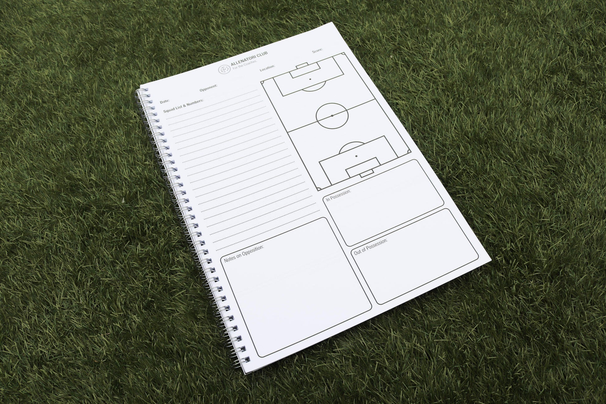 Open Allenatori Club Match Day Planner on grass with squad list lines, football pitch diagram, and tactical note sections.