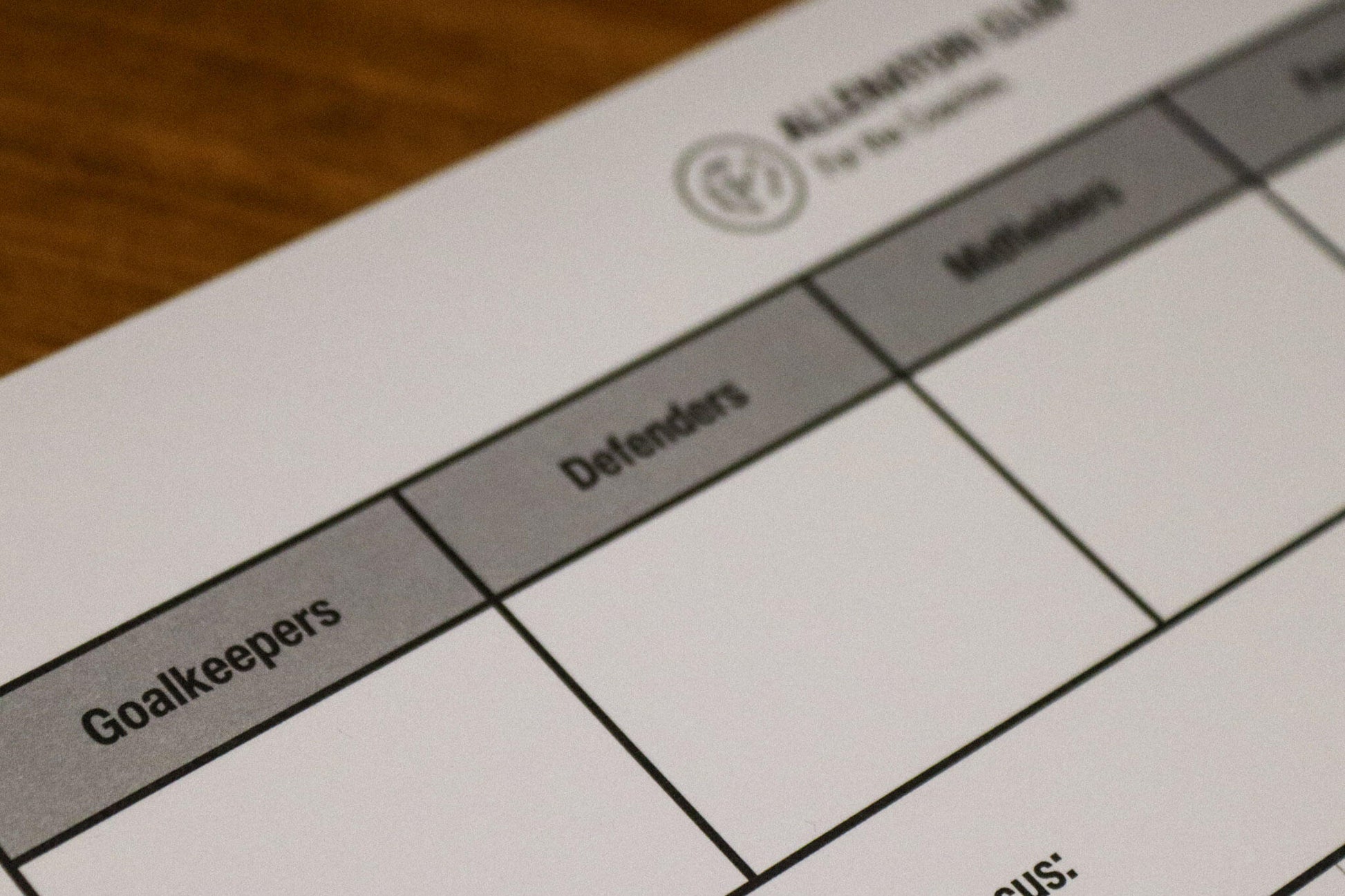 Close-up of an Allenatori Club football coaching sheet showing player position columns including Goalkeepers, Defenders, and Midfielders.