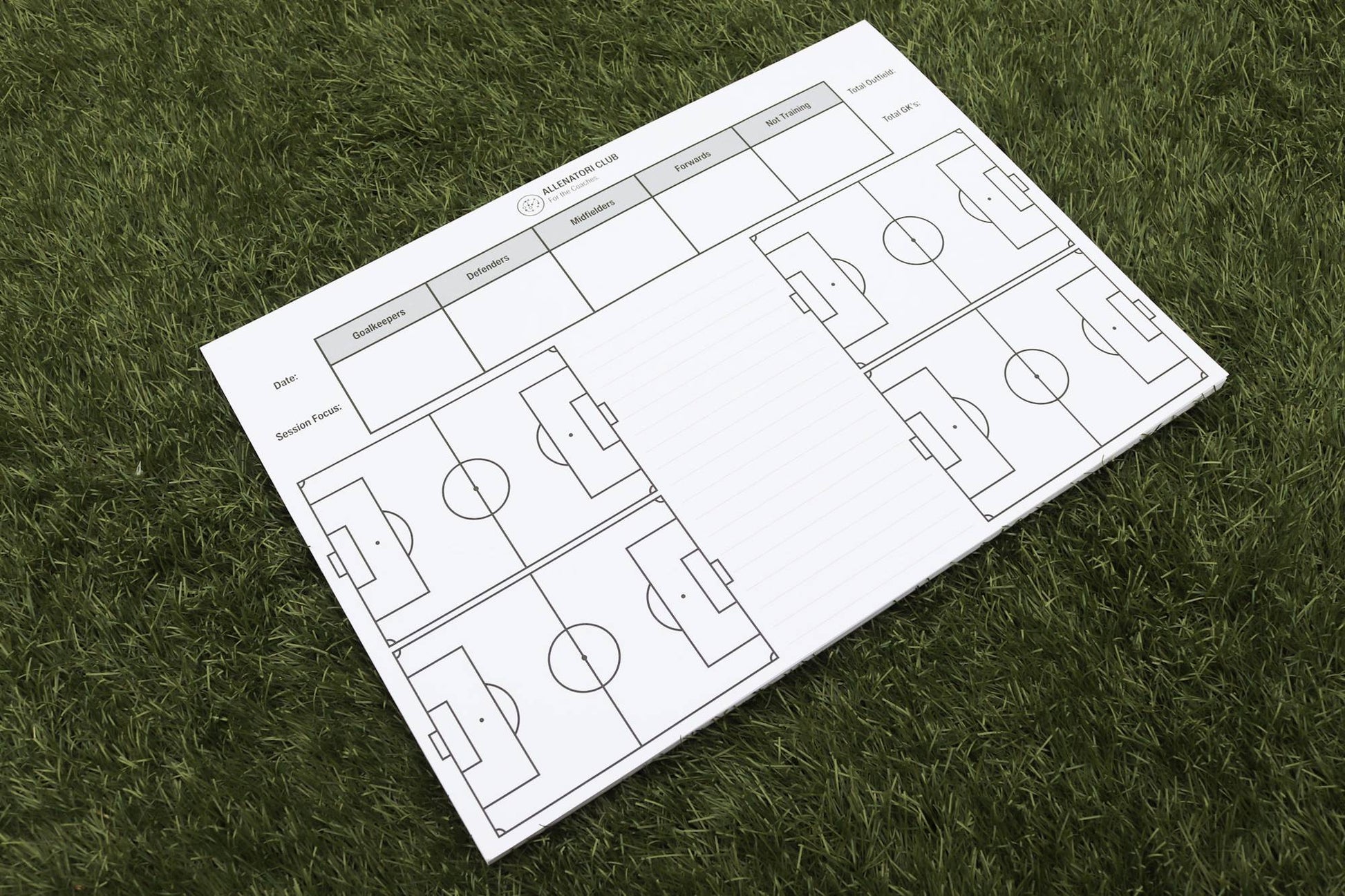 Allenatori Club Session Planner inside pages — squad list by position, session focus and pitch diagrams for football coaches